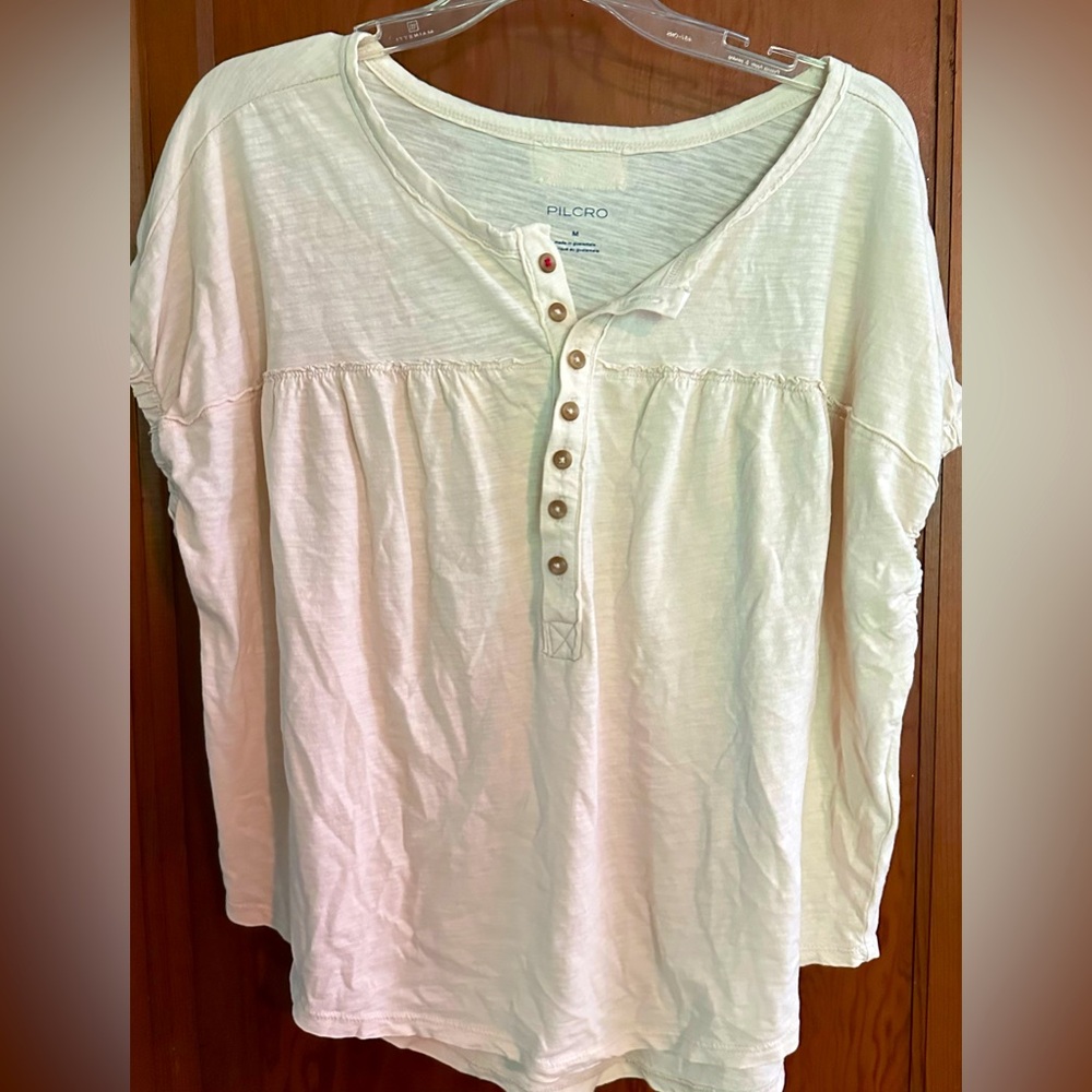 Pilcro Cream Short Sleeve Henley Tee